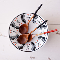 Japanese-Korean wooden spoon natural log solid wood round mouth red and black rat tail spoon creative Wooden Spoon soup spoon