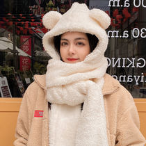 jennie the same little bear hat children Winter Korean version of Joker plush scarf hooded one cute ear warm