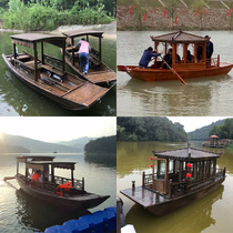 Wooden boat fishing boat solid wood water Electric sightseeing dining antique painting boat Park Scenic Area glass fiber reinforced plastic black boat house
