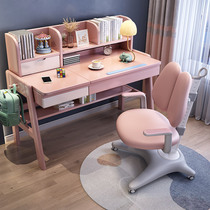 Children study table and chairs suit Lift home writing desk solid wood desks Desks Bookshelves Combination