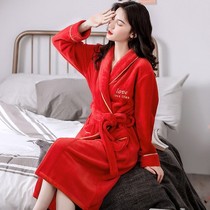 Womens winter coral velvet thickened plus velvet red newlywed year autumn and winter flannel long bathrobe pajamas