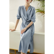 の笑汉阁23MM stretch weight crepe mulberry silk high waist shirt dress summer women SQE581657MG