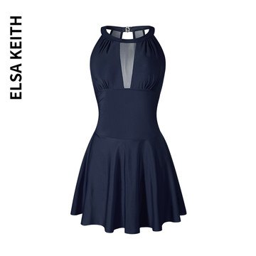 ELSA KEITH丨日本时尚性感蕾丝深V纯色遮肚保守黑色连体泳衣女