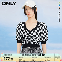 ONLY2022 spring summer new short paragraph V collar chessboard grid tide pumping rope 100 hitch-knitted sweatshirt woman) 122245001