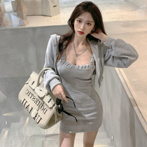 Small aged age slim set women 2021 autumn suspenders dress hooded short sweater coat two-piece set