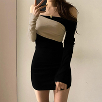 Contrast color stitching sexy open collar dress women 2021 New careful machine bottoming hip skirt ins tide