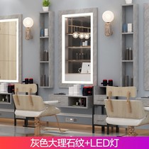 Barber mirror table hanging wall hair salon mirror cabinet one-sided hair cutting mirror plus LED lamp marble table