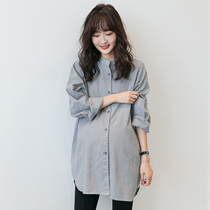 Pregnancy Autumn New pregnant womens Korean version of stand neck shirt foreign style loose Joker long sleeve jacket Cotton
