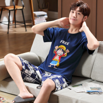 Pajamas men summer cotton short sleeves thin size plus size cartoon teenage student mens loungewear set summer