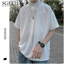 Summer polo shirt solid color t-shirt men ruffian handsome Port wind thin ice silk short-sleeved stand-up collar ins trend loose top