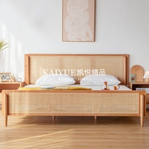 Nordic Rattan stage house Model room Japanese solid wood double bed Simple modern master bed 1 8 wedding bed Retro bed