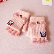 Baby gloves winter cute cartoon warm half finger male and female children plush kindergarten children writing foreign style
