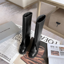 Wushe Korea ins Fengdong Street flanging leather high tube XIE female high knee low heel long tube knight XIE