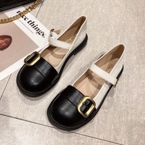 Wushe British style retro ins slotted buckle with shallow mouth single XIE round head thick heel lady Mary Jane XIE female
