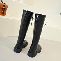 WUXIE royal sister fashion style black handsome round head boots female back zipper lace thick soled high boots