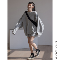 Spring slim Casual Grey Sweatshirt Suit Woman Spring Fall Loose Round Collar Sleeve Head No Hat Sweater Shorts Two Pieces