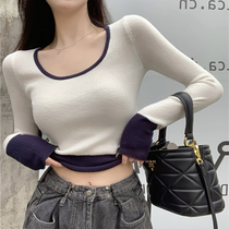Pure hot girl sexy short u collar top female autumn winter foreign style unique chic thick knitted base shirt