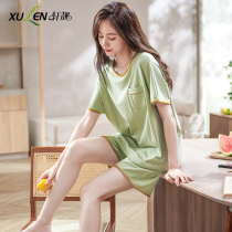 Fresh pajamas Womens summer thin cotton pullover short-sleeved shorts Womens summer can go out home suit set
