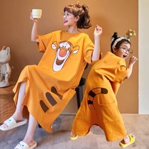 Mother and female conjoined pyjamas Summer thin pure cotton adolescent girls sleep in junior high school girls sisters dress girl with air conditioning and anti-kick