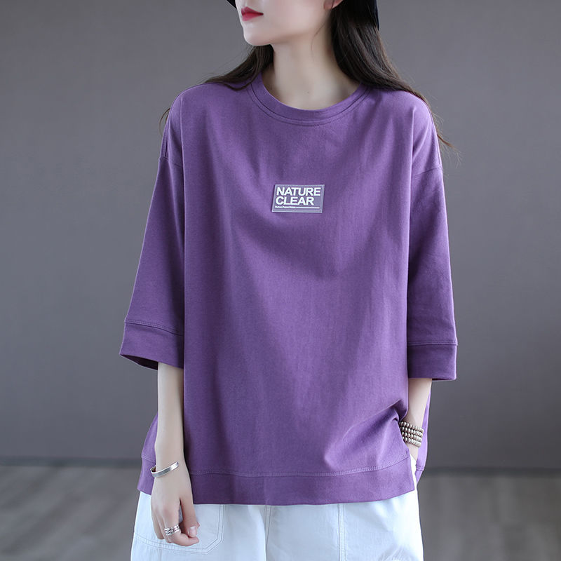 3/4 Sleeve Purple T-shirt Women's Fashion Label Short Sleeve Bottom Shirt Casual Loose Size Women's Spring/Summer Top