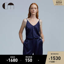 COMME MOI Lu Yan designer Spring and Autumn vest pearl decoration V collar navy blue lady sling