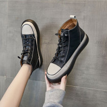 Tide brand leather high-top small white shoes women 2021 Spring and Autumn New flat shoes Net red wild casual shoes board shoes