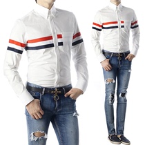 Korean Korean version of male soil slim red white and blue stitching long sleeve shirt inch shirt slim gentleman trend shirt