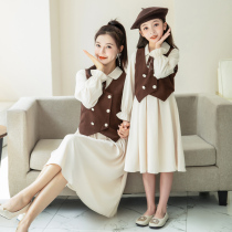 Pro-daughter dress mother and daughter two sets of 2022 new spring autumn tide ocean gas retro double-row buttoned Machia dress suit