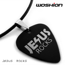 Titanium STEEL Metal Personality Rock Guitar Pick Necklace JESUS ROCKS JESUS is a ROCK