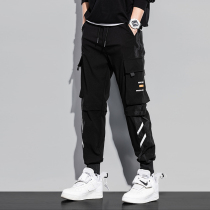 Spring and autumn overalls mens black tide brand loose drawstring pants Korean version of the trend of summer thin mens casual pants