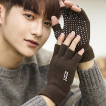 Half-finger gloves mens autumn and winter warm riding take-out delivery delivery delivery missed second-hand fingers half wool knitted touch screen women