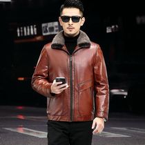 First layer cowhide down jacket mens leather jacket Haining short thick leather jacket unload mink collar locomotive jacket