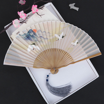 Silk art hall crane silk folding fan Womens portable Chinese style female fan Overseas gift fan craft female fan ancient style