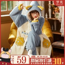 Cartoon pajamas womens autumn and winter long coral velvet bathrobe home clothes thickened flannel suit robe can be worn outside