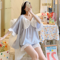 Ice silk pajamas womens three-piece suit spring and autumn and summer bow suspender home wear 2021 new can be worn outside