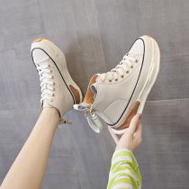 High-top small white shoes womens thick-soled leather 2021 autumn new rear zipper Joker leisure sports dissolve canvas shoes