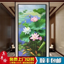Hand-painted nine fish painting oil painting handmade New Chinese porch decorative painting lotus vertical aisle corridor hanging painting Koi