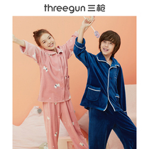 Three-gun coral velvet childrens pajamas autumn and winter printing cardigan long-sleeved boys and girls warm clothes pants home clothing set