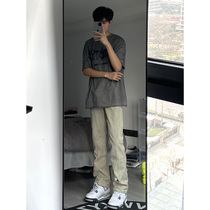 Water yellow mud jeans male straight tube vibe ancient remake pants American high street lengthened micro-lake pants