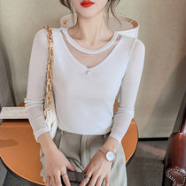 Round neck mesh stitching womens long-sleeved bottoming shirt 2021 early autumn new Korean slim slim thin cotton top