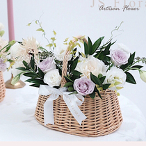 Hand-held rattan Wicker Straw flower basket floral arrangement woven basket living room ornaments storage mini basket