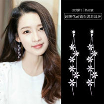 925 pure silver earline daughter 2022 new wave qi flow Su flower earrings long slim face temperament net red ins