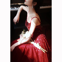 High-end toast service bride bride 2021 New temperament sling heavy industry evening dress dress light luxury minority wedding thank you banquet