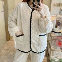  Flannel pajamas autumn and winter solid color thickened long-sleeved home clothes students simple loose two-piece suit can be worn outside