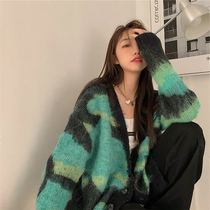 Retro name Yuanyuan Loose Dyeing Personality Cardigan Sweater Sweater Women Autumn Winter Advanced SensV Collar Do Nt Get Coats ins