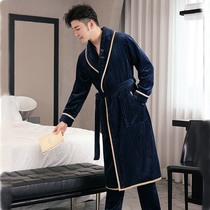 Sleeping robe Mens autumn Winter Long Coral Suede Thickening Plus Suede Mens Sleeping winter flange suede Bathrobe conjoined with pants