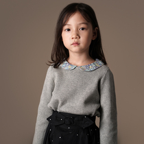 Haji childrens clothing Early autumn new products Children and girls pure cotton knitted long-sleeved doll collar top Pullover all-match bottoming shirt
