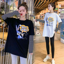 Student Tide Leave Two Stripes Long Sleeve Dress 2022 New Loose Splicing Blouse Printed Fashion Cartoon Sweatshirt