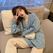  Korean version of loose soft milk blue twist sweater womens 2021 new autumn and winter outer wear knitted top students all-match