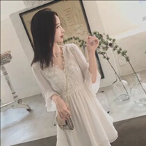 Tide brand Korean temperament chiffon dress 2021 summer new womens fashion small fragrance v-neck lace skirt